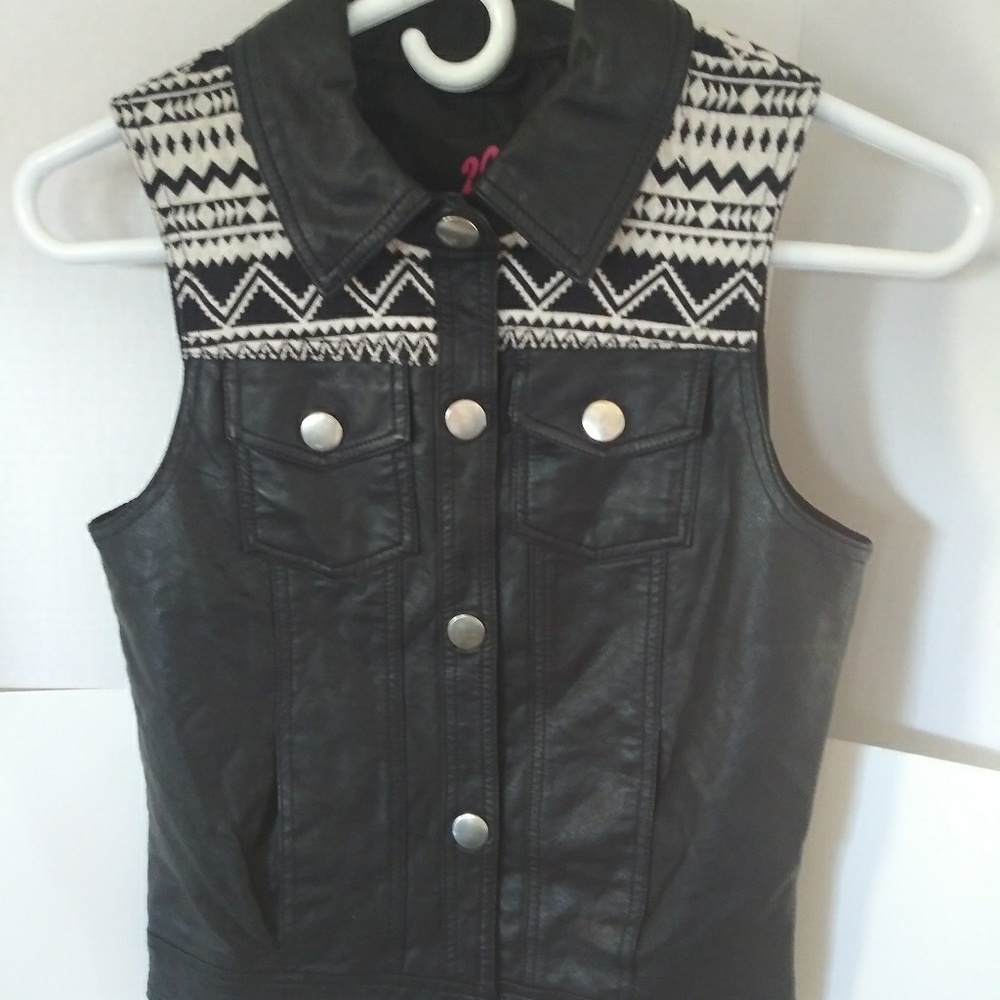 BeBe Black Leather Vest with Indian print shoulder